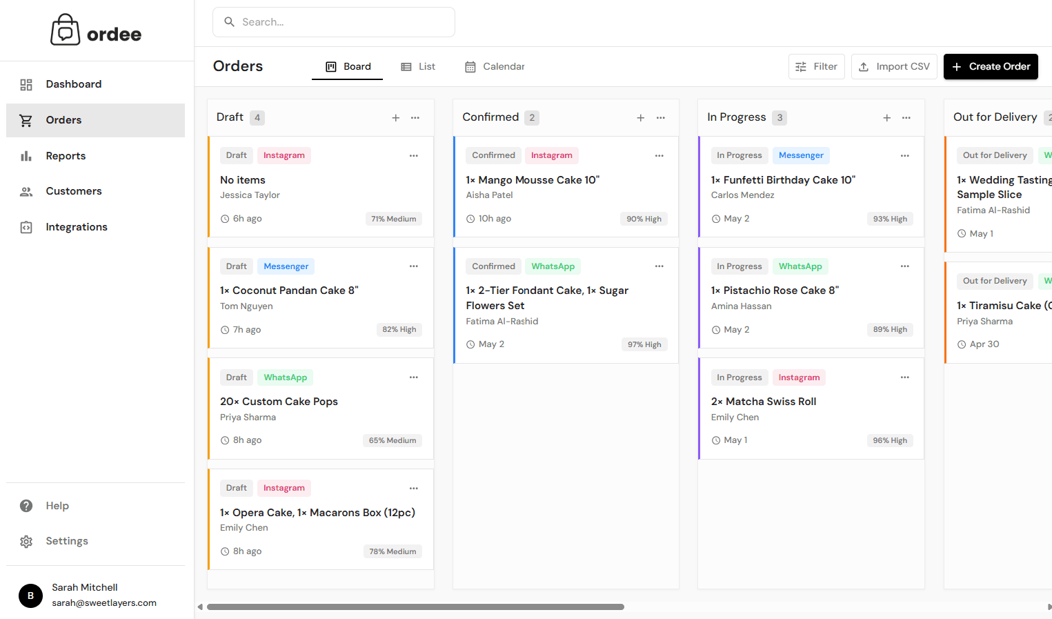 Ordee dashboard showing order management with pipeline, list, and calendar views